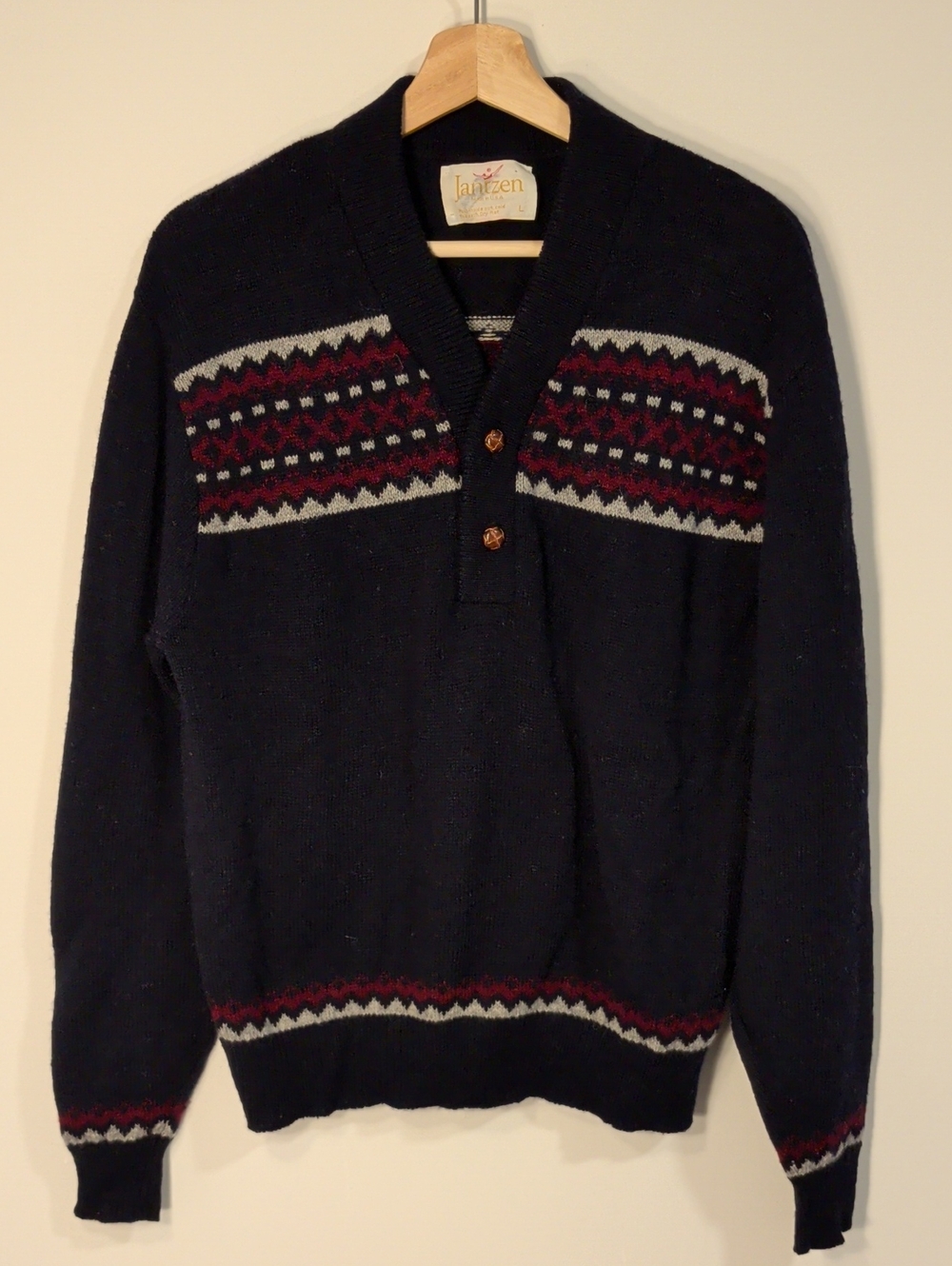 Vintage Jantzen Men's Cotton Navy Shawl Collar Sweater with Patterned Yoke